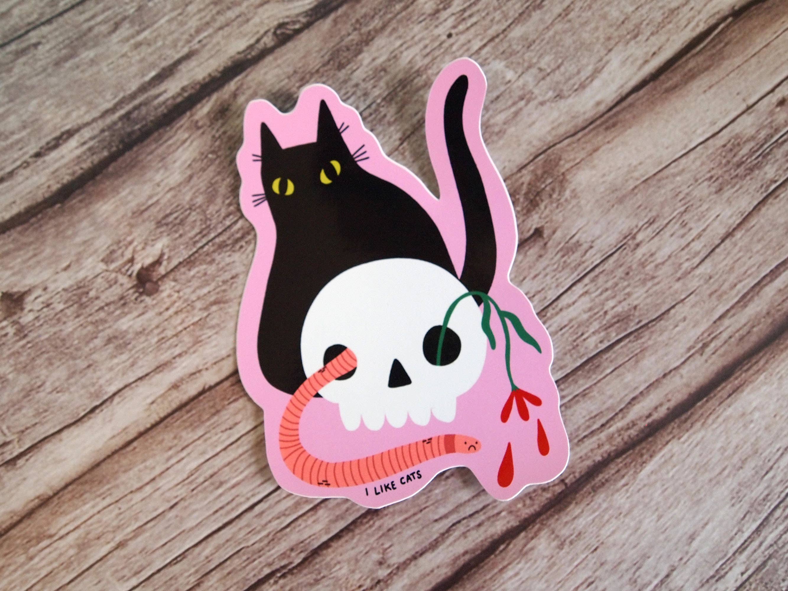 I LIKE CATS - Wholesale Sticker - Black cat with skull illustrated vinyl sticker