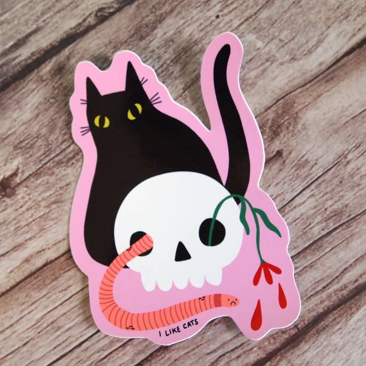 Autocollant en vinyle illustré de chat noir avec crâne pour la vente par I LIKE CATS