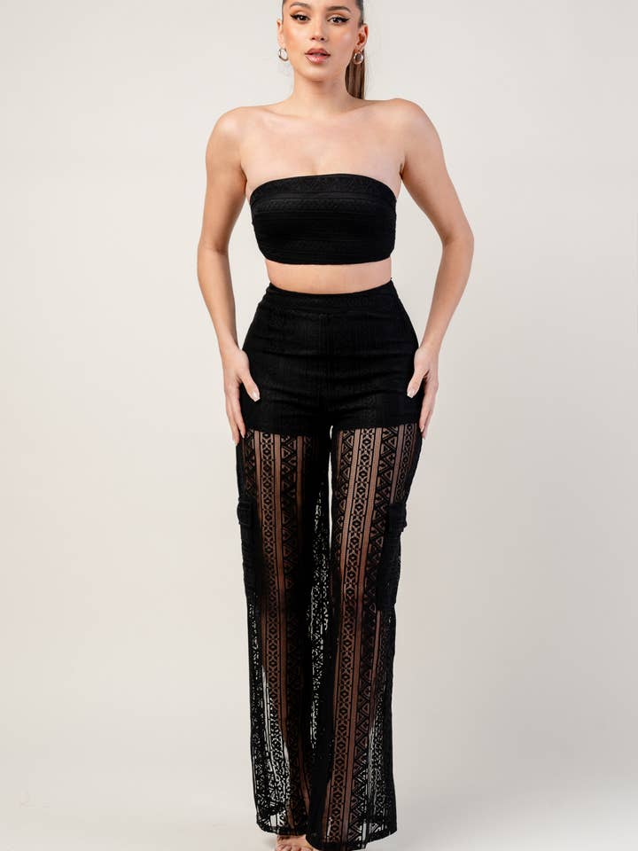 PSKS9762E-W_HÆKLEMØNSTER BLONDE TUBE TOP & CARGO BUKSER SÆT for engroshandel hos PRIVY