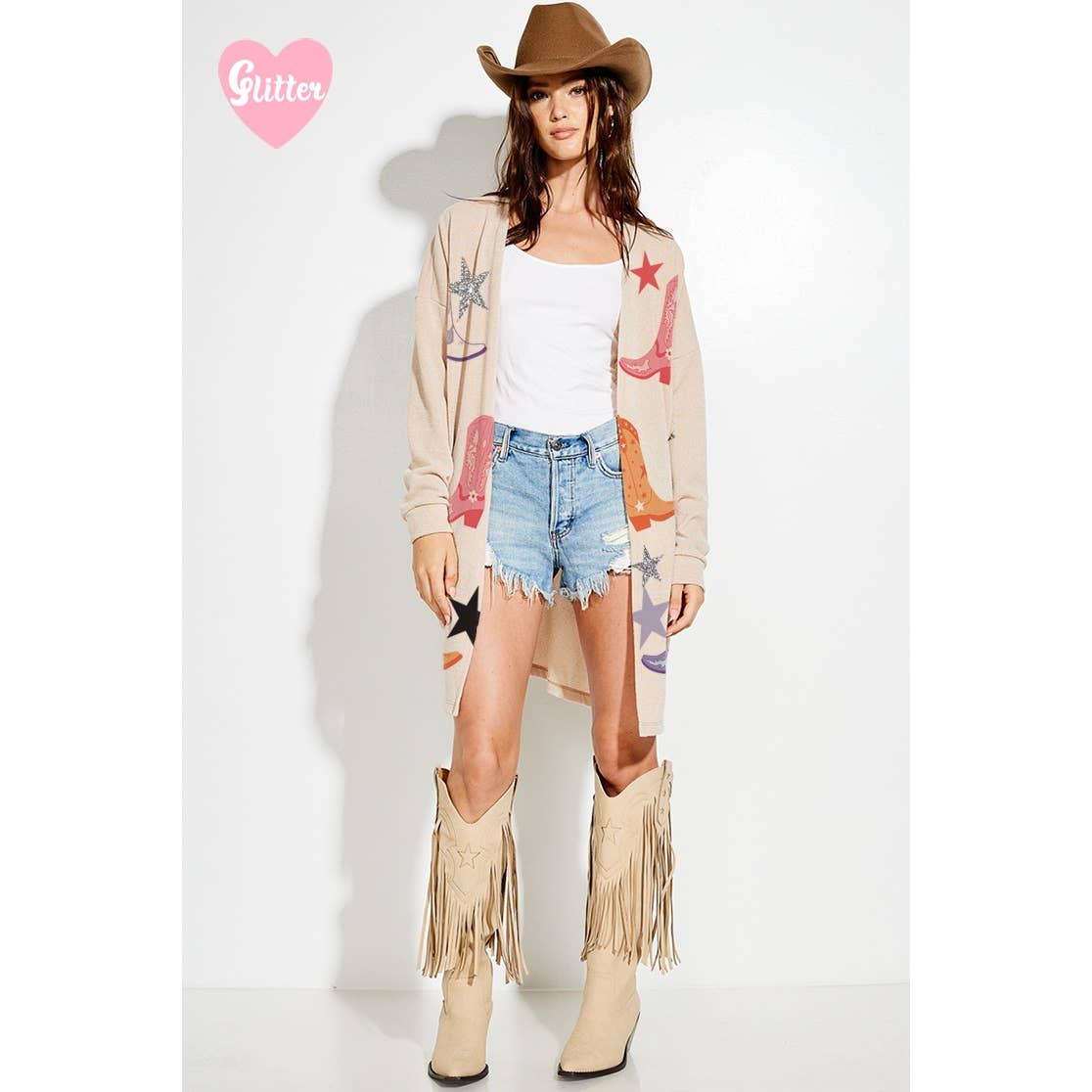 Phil Love - Vendita all'ingrosso Cardigan - Donna - Cardigan casual in maglia con stampa glitterata di stivali da cowgirl4