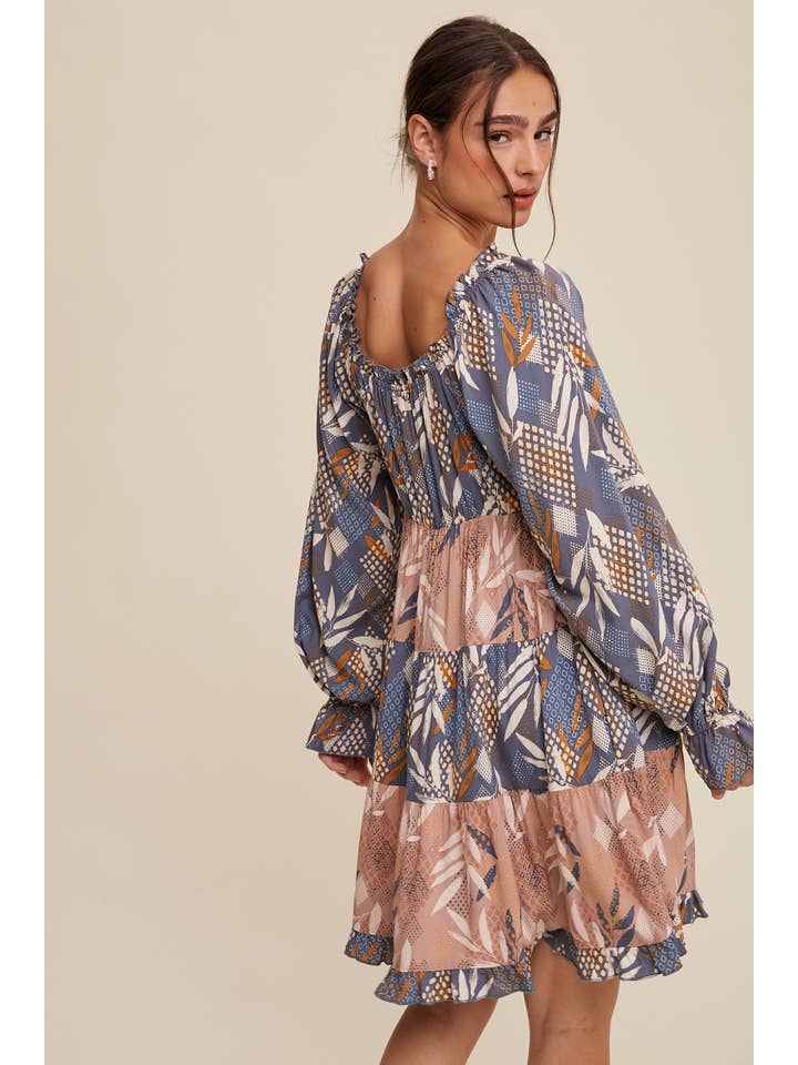 Listicle - Wholesale Dress - Women's - Patchwork Puff-Sleeve Tiered Mini Dress12