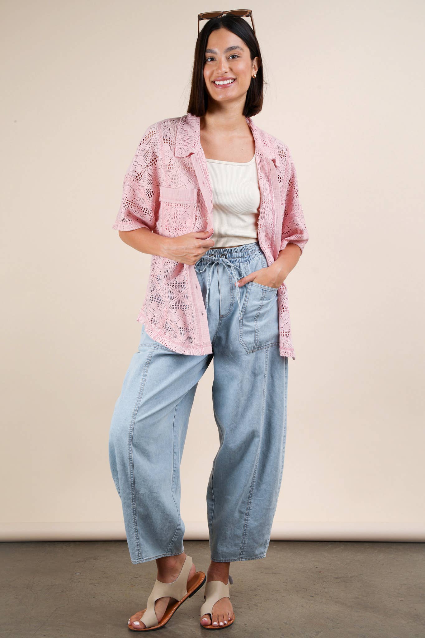 VERY J - Wholesale Jacket - Women's - NT12083-Oversized Crochet Button Down Shirt Top14