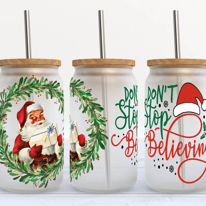 Don't Stop Believing Christmas Gnomes 16oz Libbey Glass Tumbler for wholesale by Kate Haven Glass Tumblers for Every Occasion