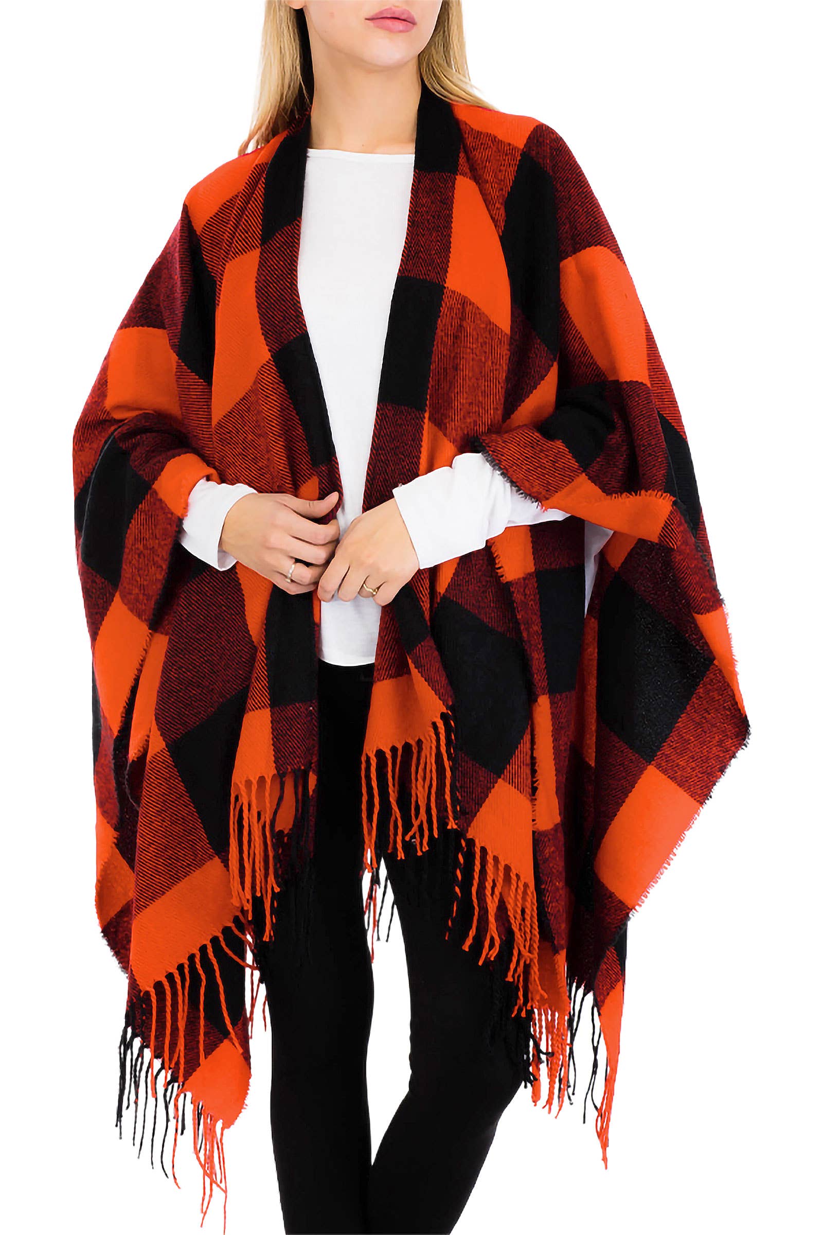 Cap Zone – wholesale Poncho – Women's – Classic Buffalo Check Plaid Ruana Poncho5