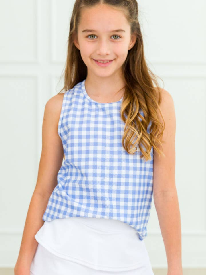 Top Ativo Xadrez Azul Periwinkle para Meninas por atacado de RuffleButts + RuggedButts