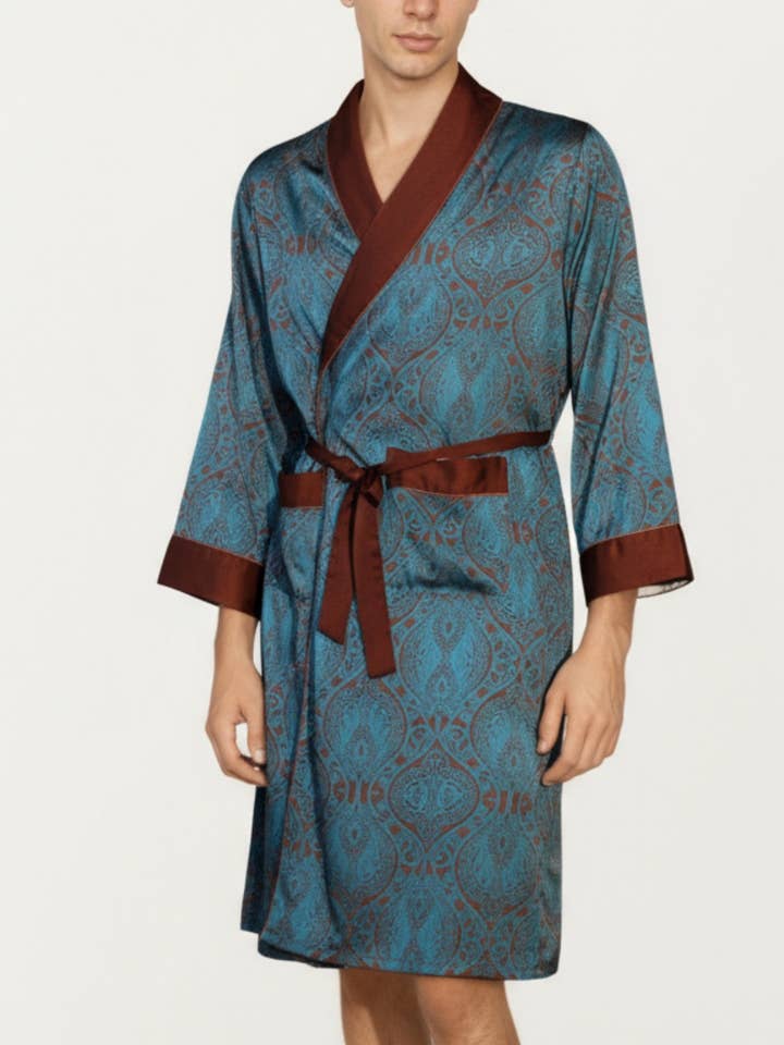 Men's Paisley Print Satin Robe with Contrast Trim Shawl Coll for wholesale by Anna Kaci Wholesale