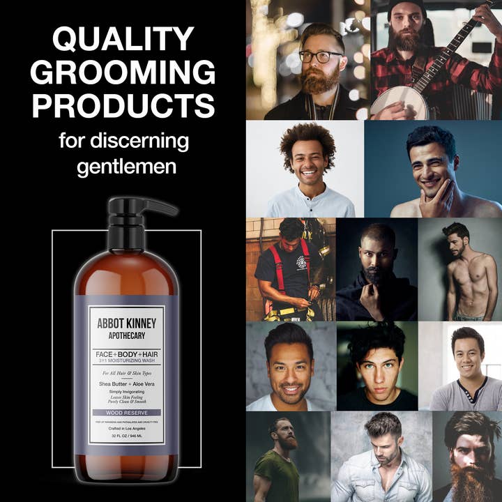 Abbot Kinney Apothecary - Wholesale 2-in-1 Shampoo & Body Wash - Men's - Men's 3 in1 Shampoo, Conditioner & Body Wash & Soap - Woods