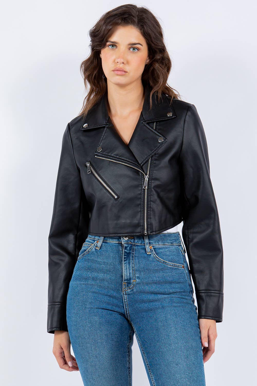 Veracci – wholesale Leather jacket – Women′s – Faux Leather Cropped Moto Jacket