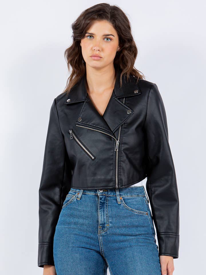 Veracci – wholesale Leather jacket – Women′s – Faux Leather Cropped Moto Jacket0