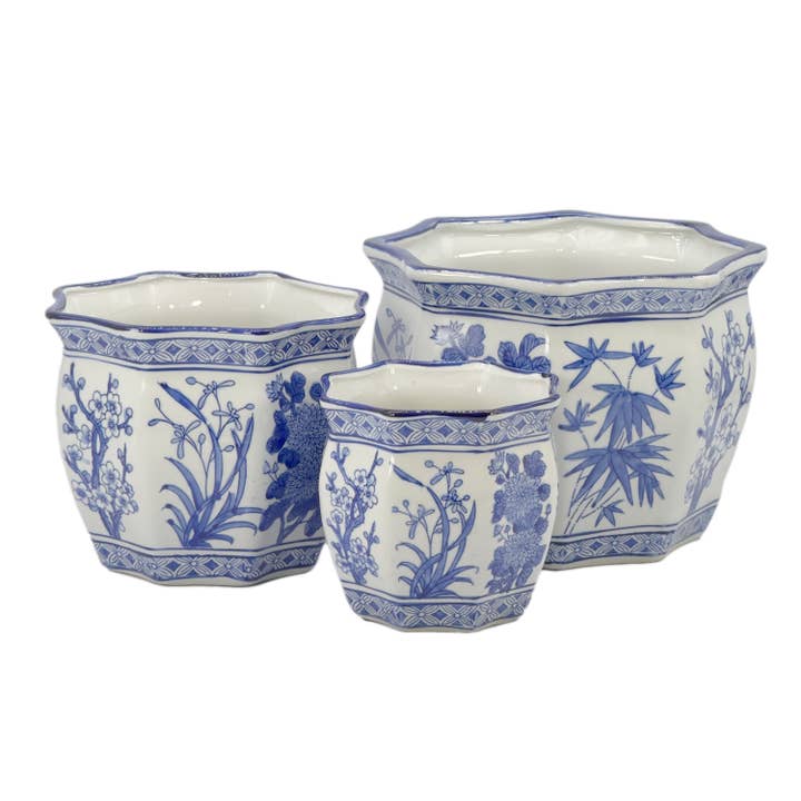 Galt International Company - Wholesale Plant Pot - Set of 3 - 7.5"/10"/13" Ceramic Chinoiserie Planter Pot Set
