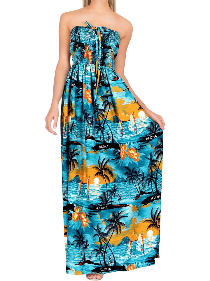 Teal LA LEELA Women's Tropical Aloha Palm Tree Long Tube Dress for wholesale on Faire