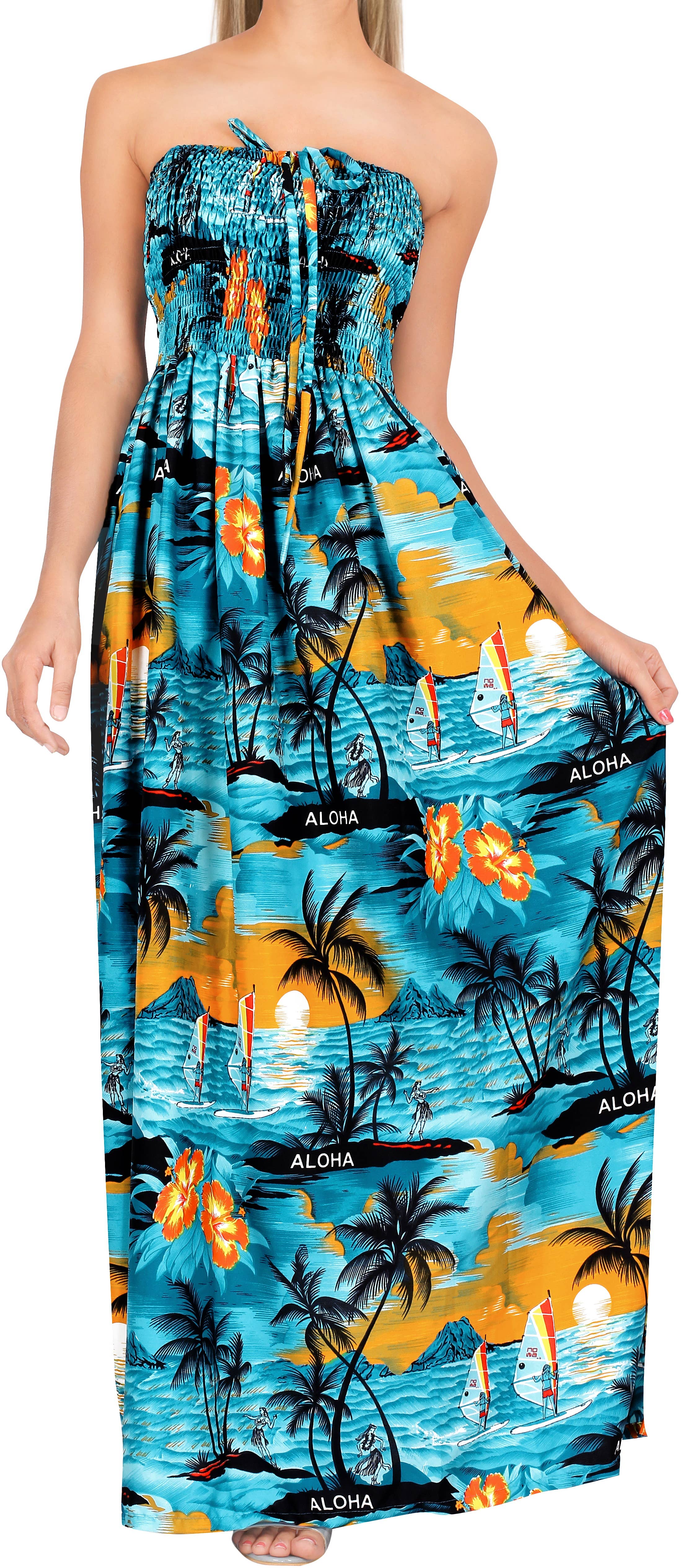 Teal LA LEELA Women's Tropical Aloha Palm Tree Long Tube Dress for wholesale on Faire