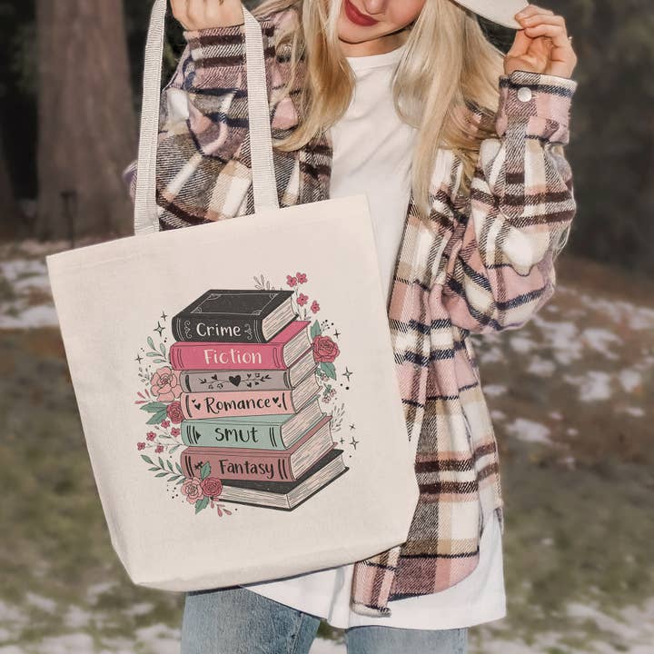 Floral Book Genre Stack Tote Bag for wholesale by Lucky Luna Apparel