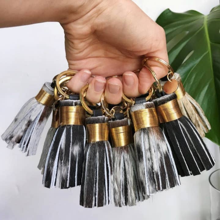 Mini cabelo salpicado em chaveiro de borla de couro por atacado de Wild Sky Leather