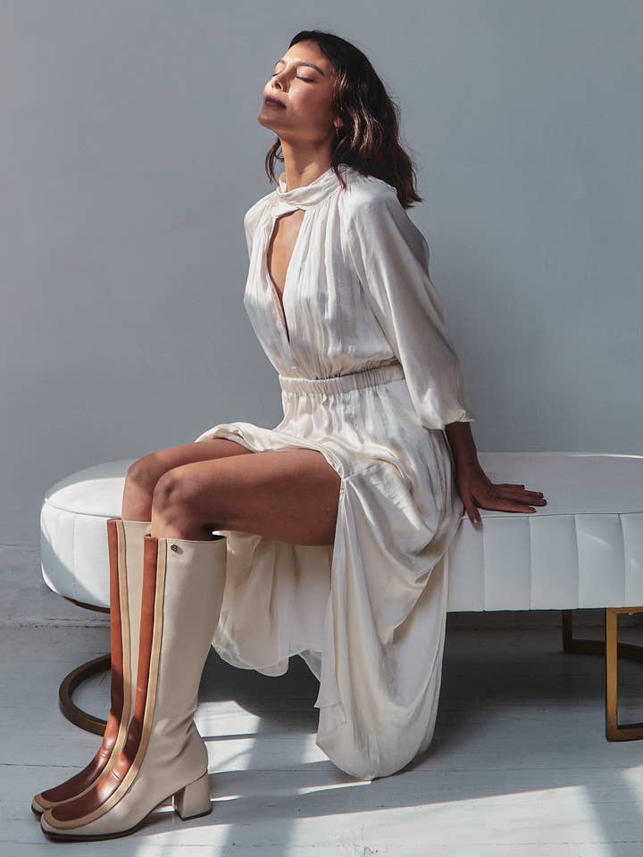 Revival knee high boots ivory leather women's shoes for wholesale on Faire6