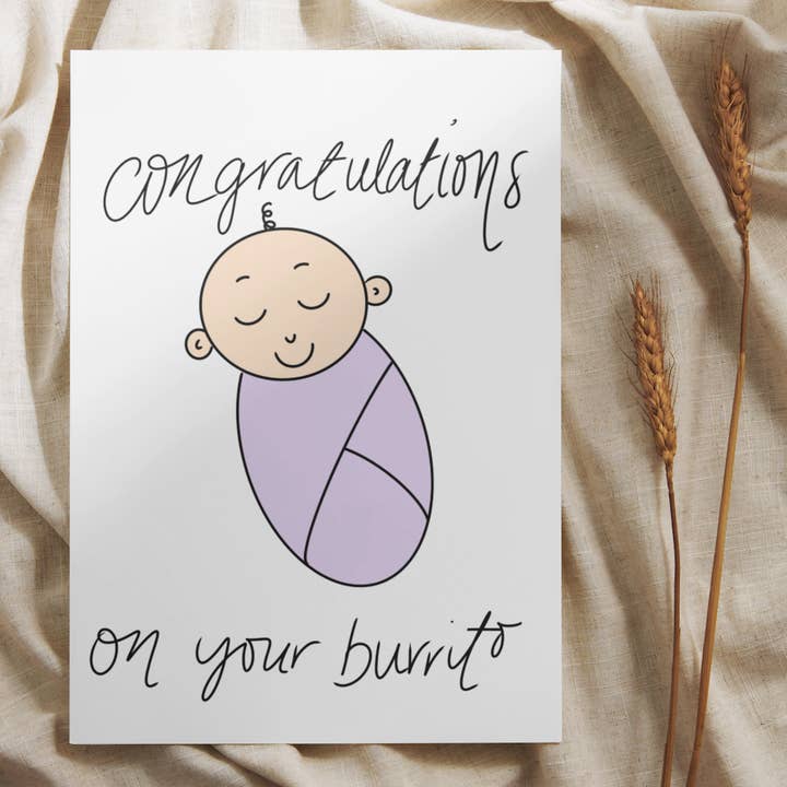 Burrito baby shower card (light + purple) for wholesale by Lisa Trinca Art