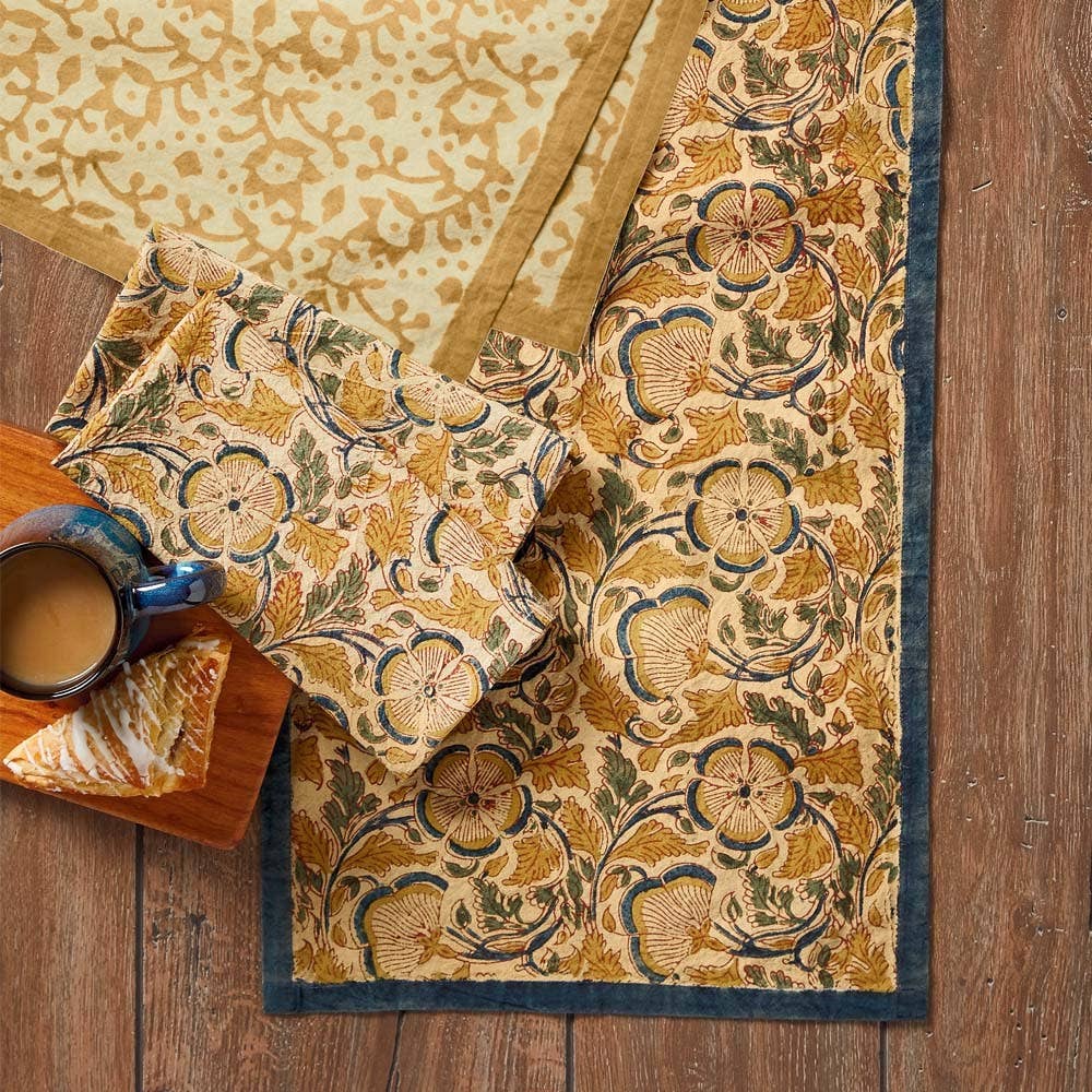 SERRV International - Vente Serviettes de table en tissu - Serviettes en coton Kalamkari Meadow Block Print - Set de 21