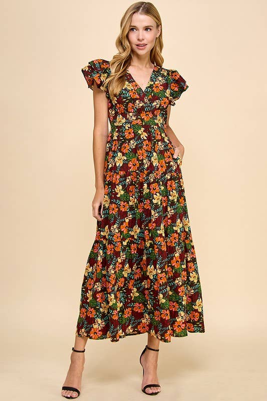 Marron CD04768-Robe midi à manches volantées à imprimé floral en vente sur Faire0