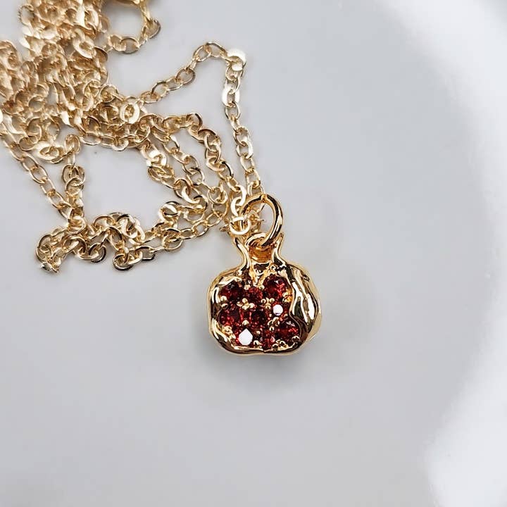 Pomegranate Fruit & Cubic Zirconia Charm Gold Fill Necklace for wholesale by Sara Sela Jewelry
