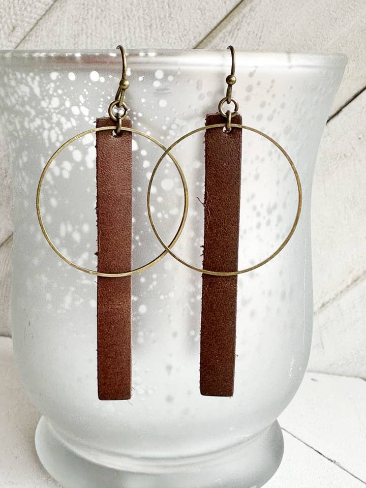 Bronze + Dark Brown - Leather Bar + Metal Circle Earrings for wholesale by Boho By Design