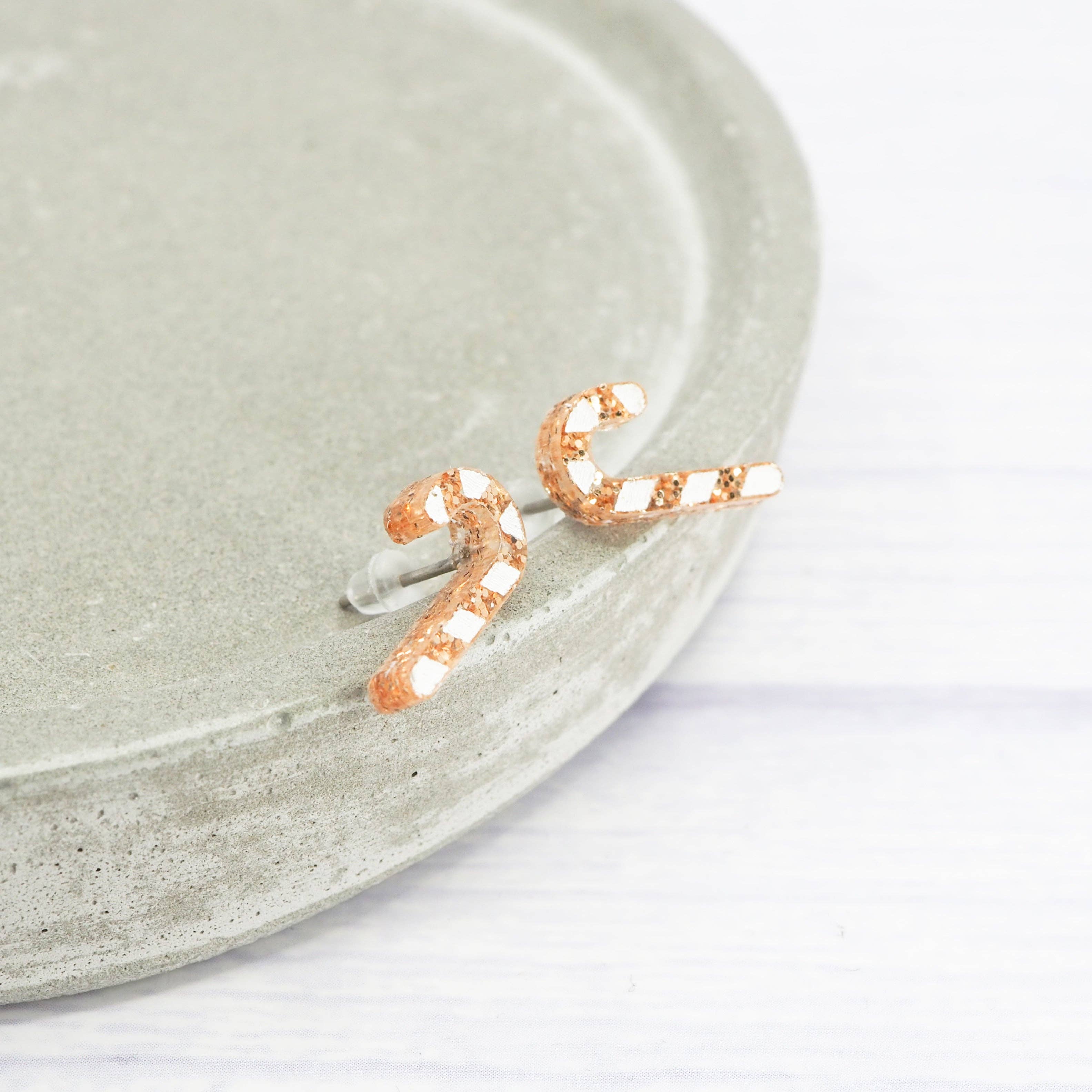 MadebyJenWren – wholesale Stud/post earrings – Gold glitter candy cane Christmas studs7