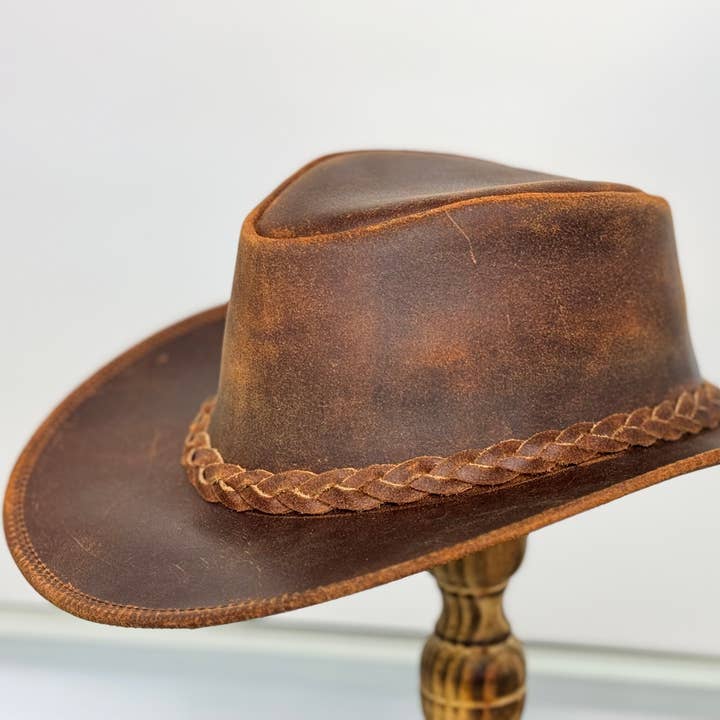 Gunner| Reddish Brown  Leather  Western Outback Cowboy Hat  for wholesale by Lesa collection inc