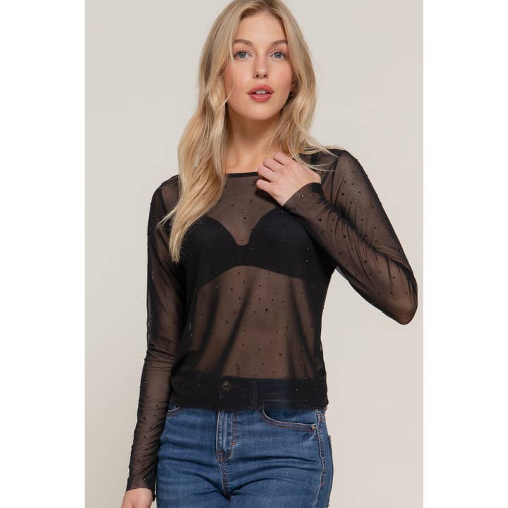 LONG SLV MESH w RHINESTONE TOP for wholesale by Apolline