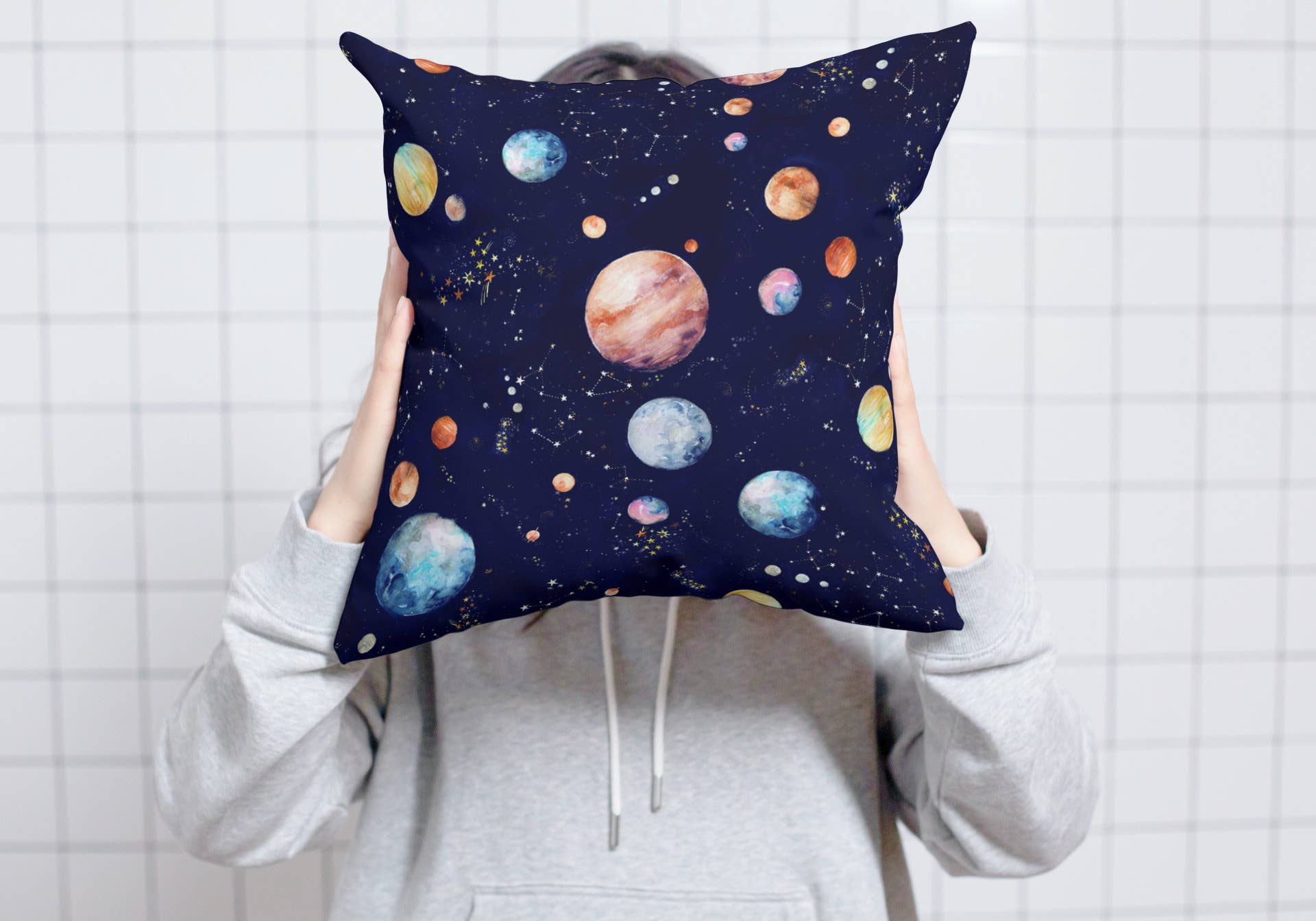 Narrative Material - Wholesale Throw/Decorative Pillow - Watercolor Planets Cotton Canvas Pillow Sham1