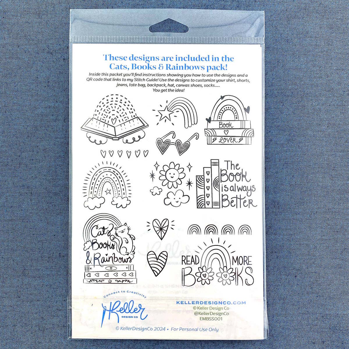 Keller Design Co. - Wholesale Embroidery/Cross Stitch Supplies - Stick It Stitch It Water Soluble Embroidery Patterns-Cats, Books, Rainbows6