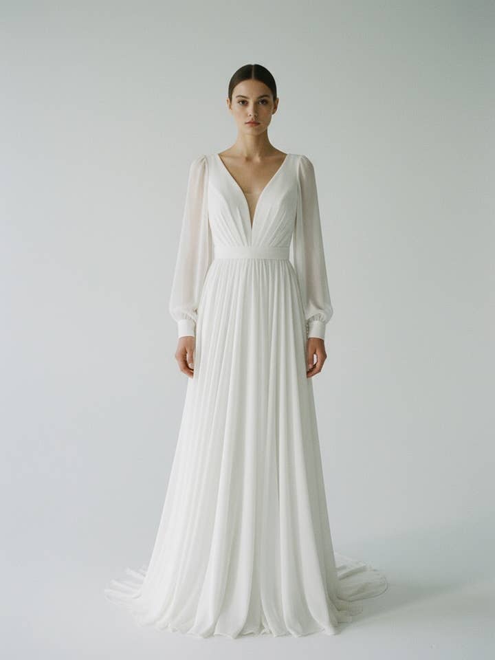 Eternal Bloom Plunge Chiffon A-Line Bridal Gown for wholesale by Blissful Gown