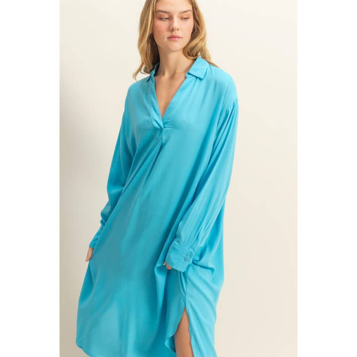HYFVE – Großhandel Kleid – Damen – DZ24E706-V-Ausschnitt Langarm Midi-Hemdkleid