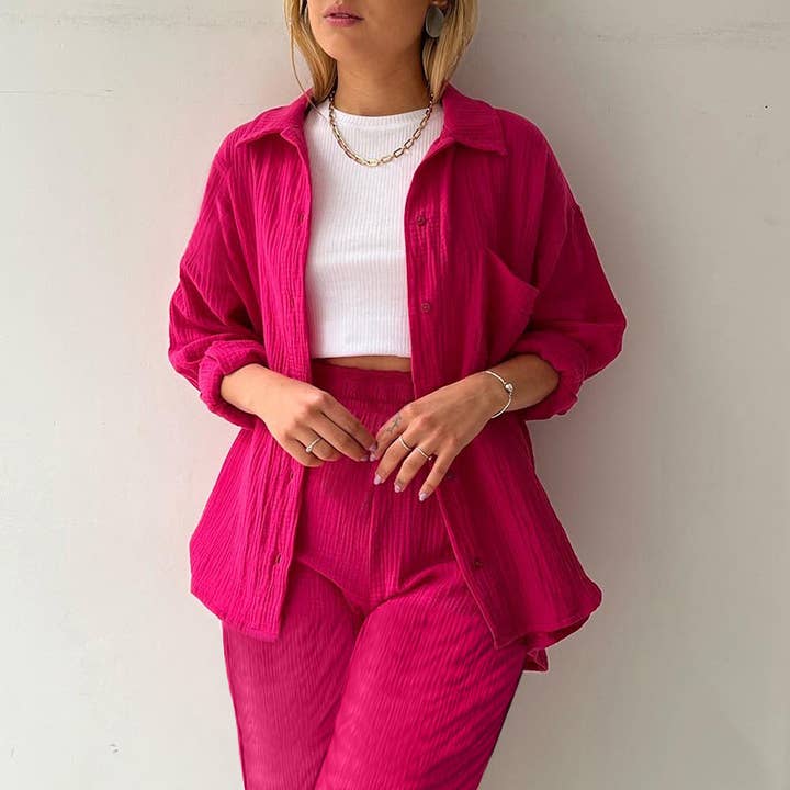 Mapcie - Wholesale Top & Pant Set (NOT Loungewear) - Women's - LONG SLEEVE AND LONG PANTS WITH SIDE POCKET BUTTON DOWN SET