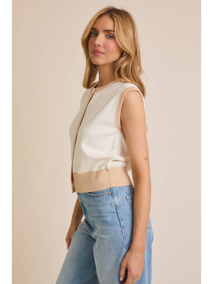 WHITE TAUPE CREW NECK BUTTON UP SLEEVLESS KNIT TOP for wholesale on Faire