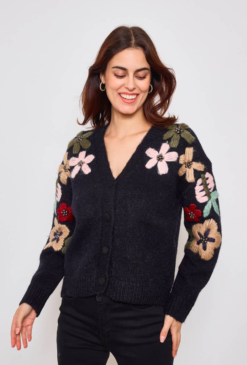 Wholesale Cardigan with hand-embroidered flower on the sleeves for