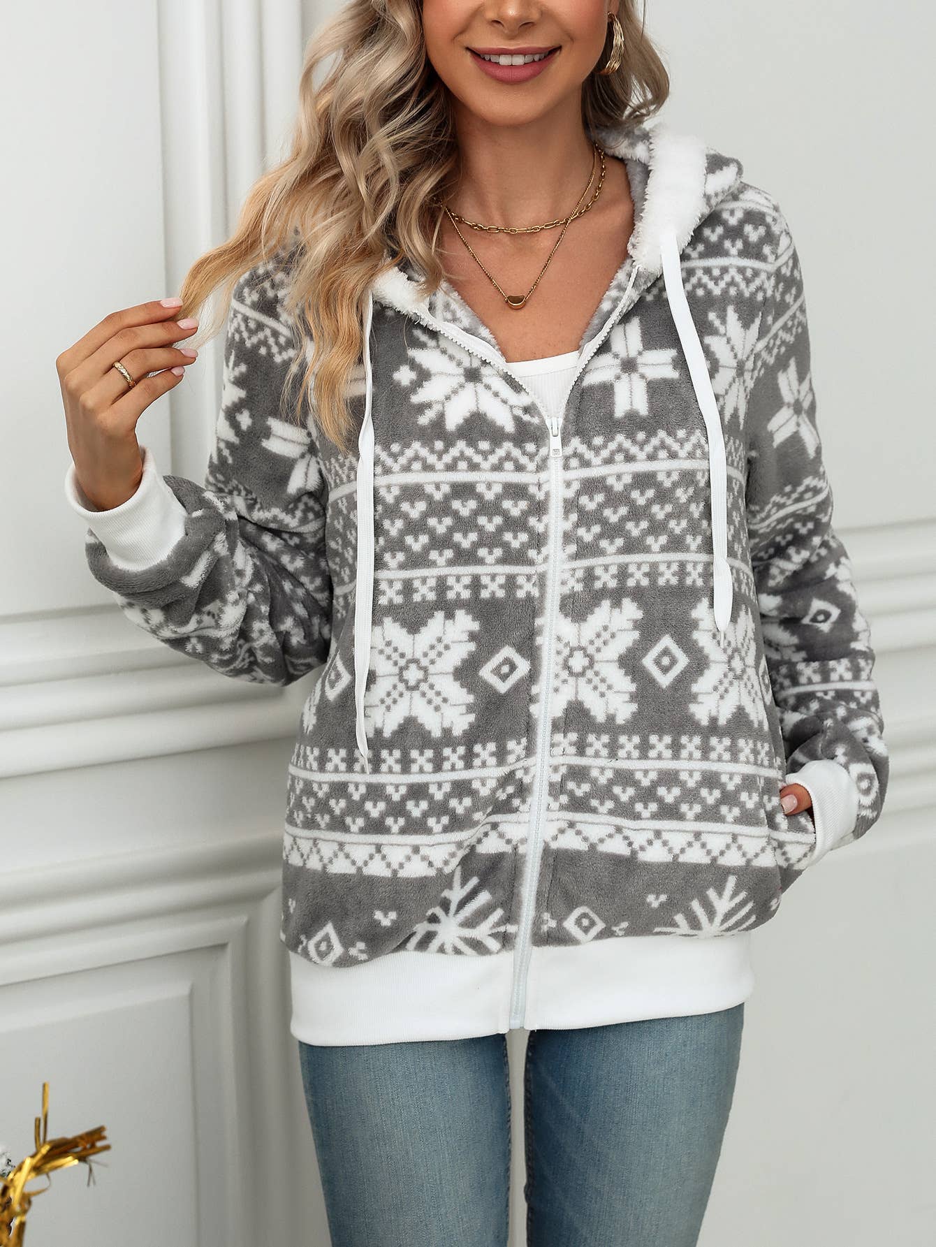 Gray Hooded cardigan Christmas print fleece coat for wholesale on Faire1