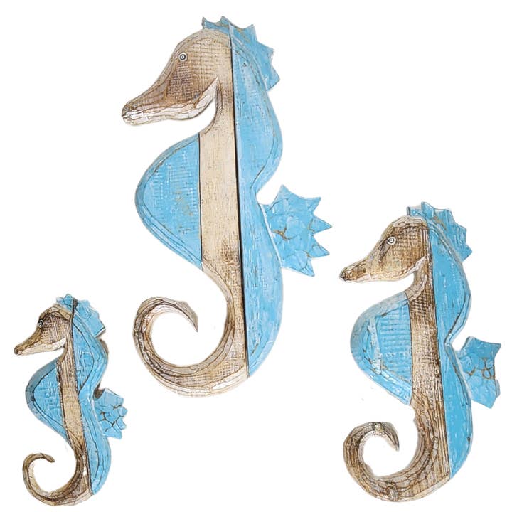 White Elephant - Wholesale Wall Accent - Seahorses Set of 3 Wooden Nautical Wall Art