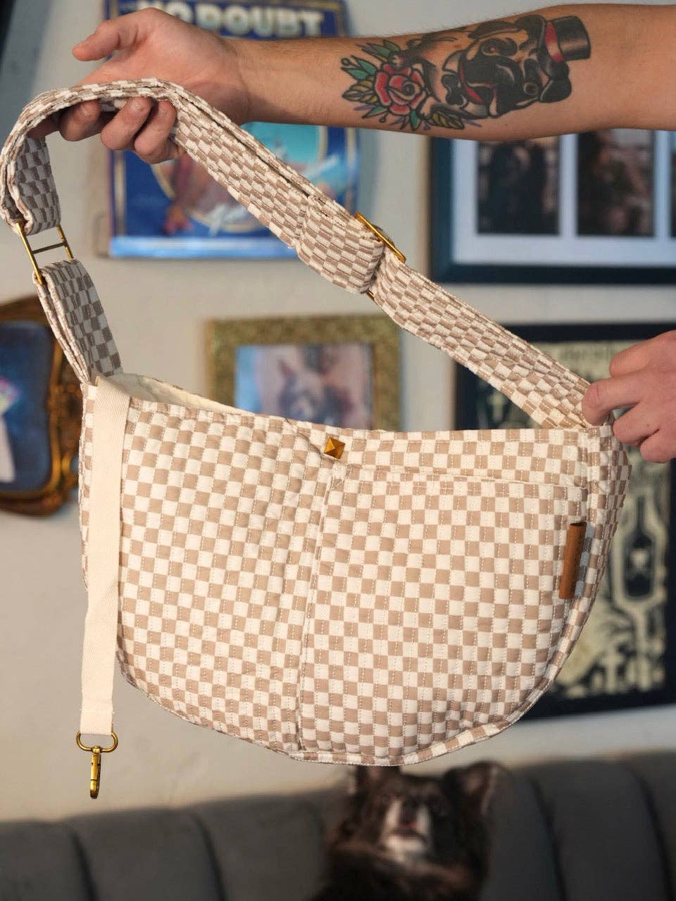 White and Tan Pet Sling Carrier- the "Luna" for wholesale on Faire1