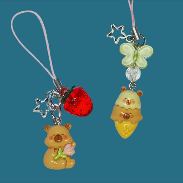 Faebelle Haven - Wholesale Keychain – Women's - Capybara Tech Charm - Beaded & Strawberry | Cute Kawaii Keychain Phone Accessory3