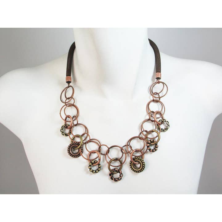 Mesh Necklace with Linked Circles & Textured Rings for wholesale by Erica Zap Designs