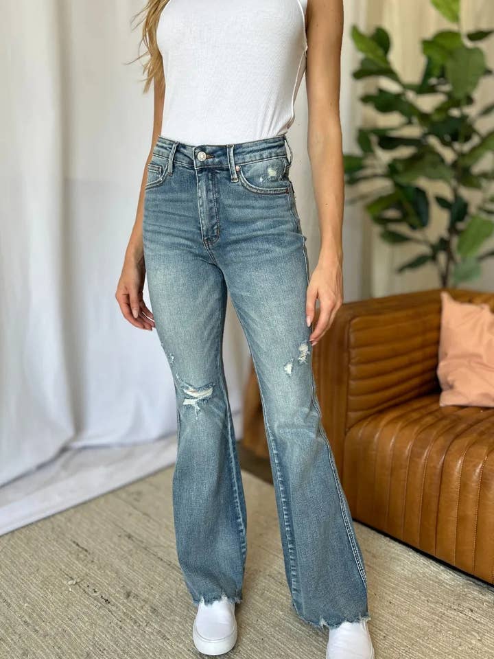 Judy Blue Full Size Medium Rise Tummy Control Destroy Flare for wholesale by Queenado