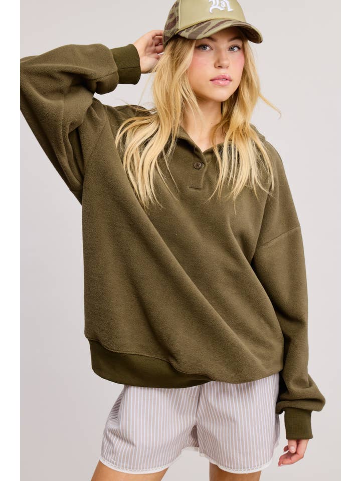 Ivory Teddy Velour Buttoned Collar Pullover Knit Sweater for wholesale on Faire7