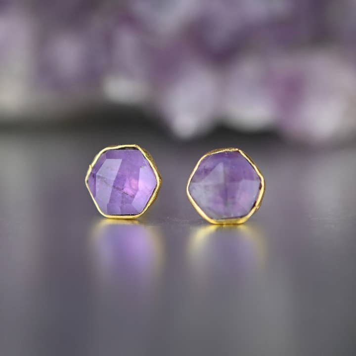 KBD Studio - Wholesale Stud/Post Earrings - Semi Precious Hexagon Gemstone Studs (8mm gold)23