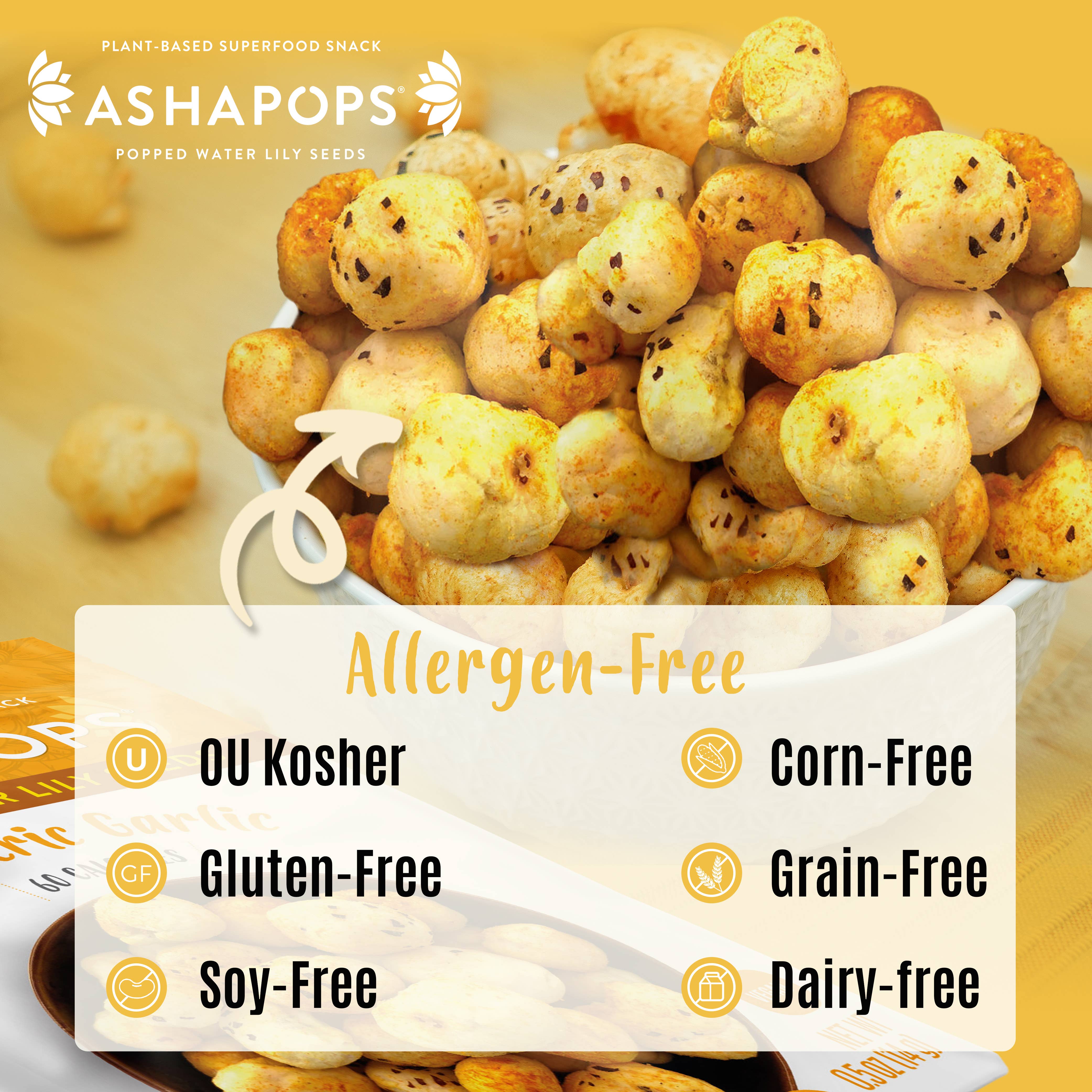 AshaPops - Wholesale Puffed Snack - 0.5oz Turmeric Garlic - AshaPops Popped Water Lily Seeds6