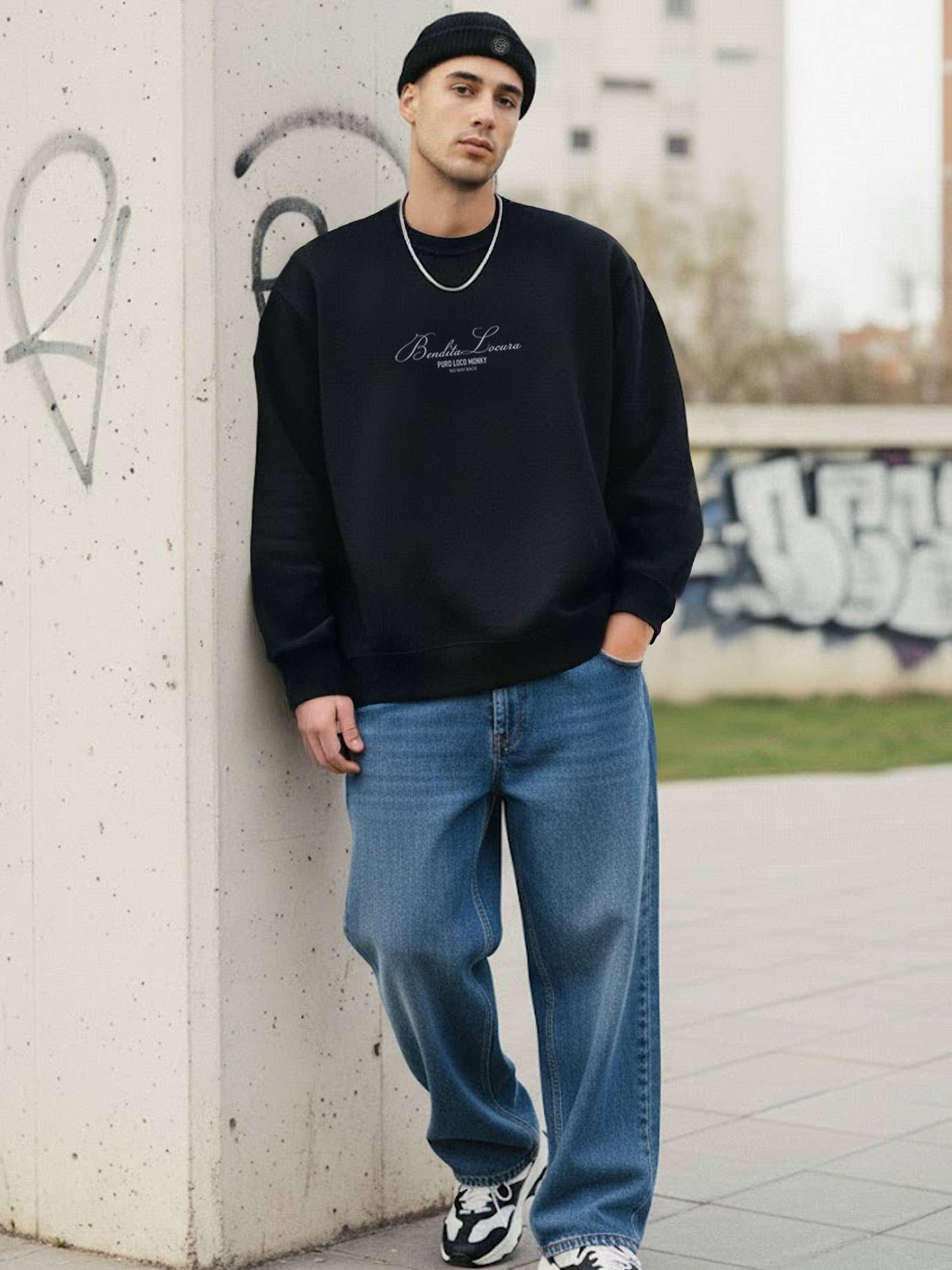 Unisex Oversize Sweatshirt Bendita Locura Embroidered by Loco Monky Black for wholesale on Faire