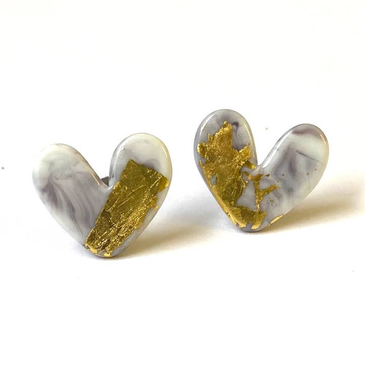 Agate Glass and Gold Marble Heart Studs for wholesale by Helen Chalmers