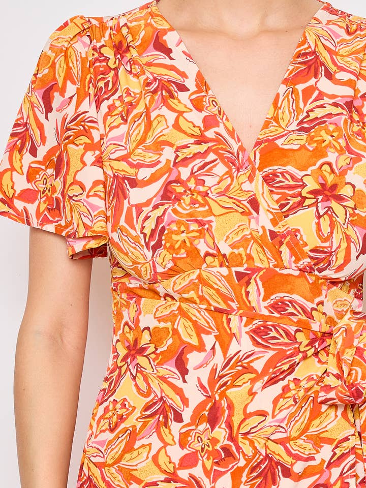 Orange Short wrap summer dress with floral print for wholesale on Faire4
