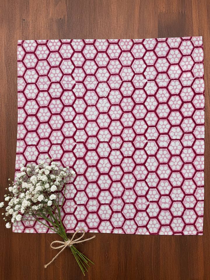 Bhindi- Pink & white block print Napkin NEW for wholesale by Handprint