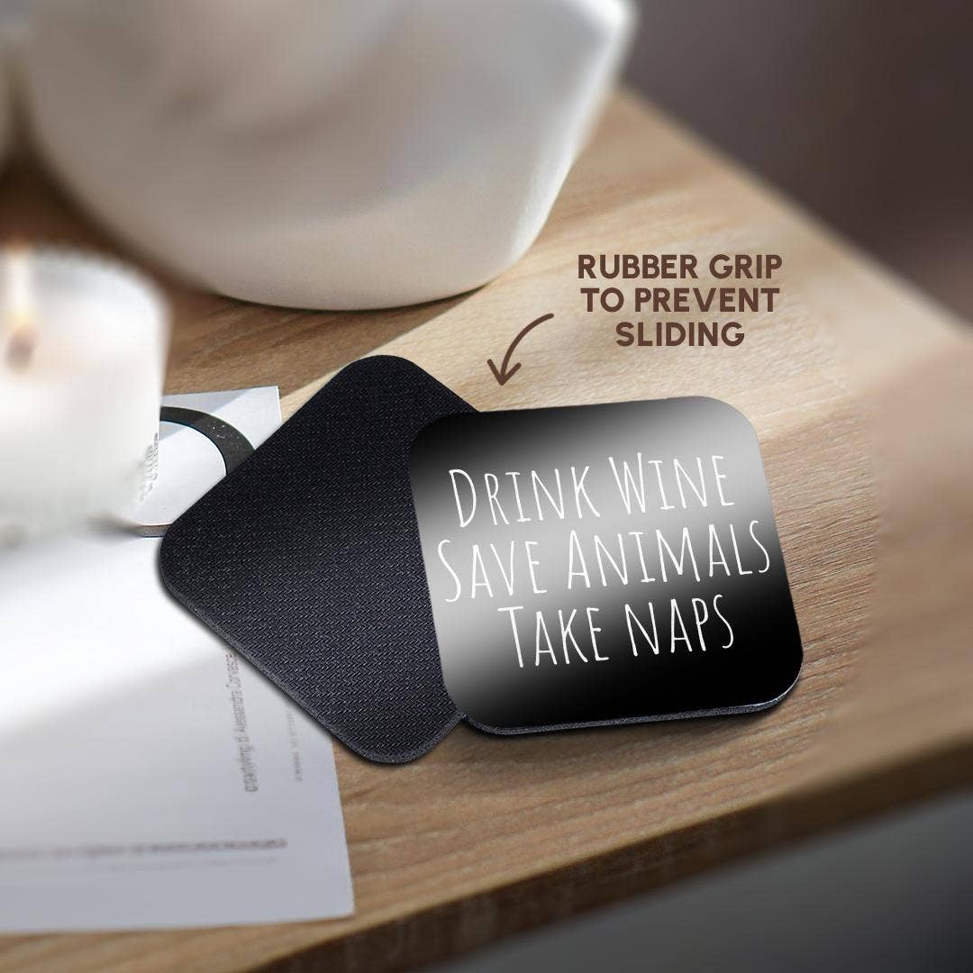 3dRose - Wholesale Coasters - 3dRose, Drink Wine Save Animals Take Naps. Thin white letters on black., Coaster10