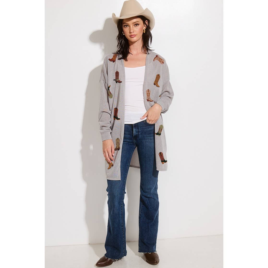 Phil Love - Vente Cardigan – femme - Cardigan de style décontracté en tricot à imprimé de bottes de cowgirl1