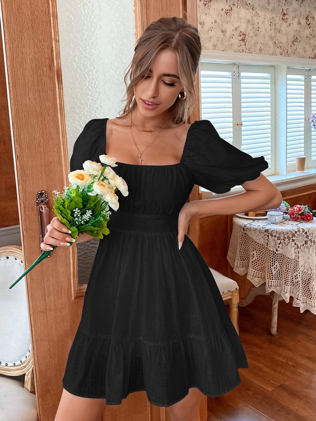 Flarix - Wholesale Dress - Women's - solid flounce hem dress0